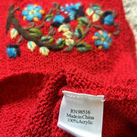 Red, Cowl neck embroidered sweater. Decorated cuffs & heart centered on front. - Picture 3 of 3